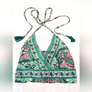 GORGEOUS BOHO GREEN PAISLEY MIX SILK HALTER TOP